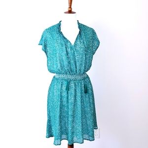 Ophelia Roe Green White Tassel Boho Dress Cinch Elastic Waist Size Large Mini